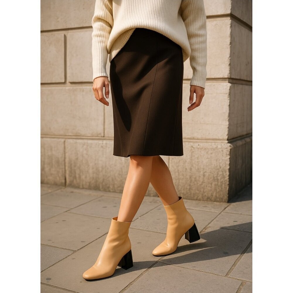 SportMax Beige Ankle Boots Black Block Heel Sleek Minimalist Pointed Toe 37.5 - Picture 14 of 14